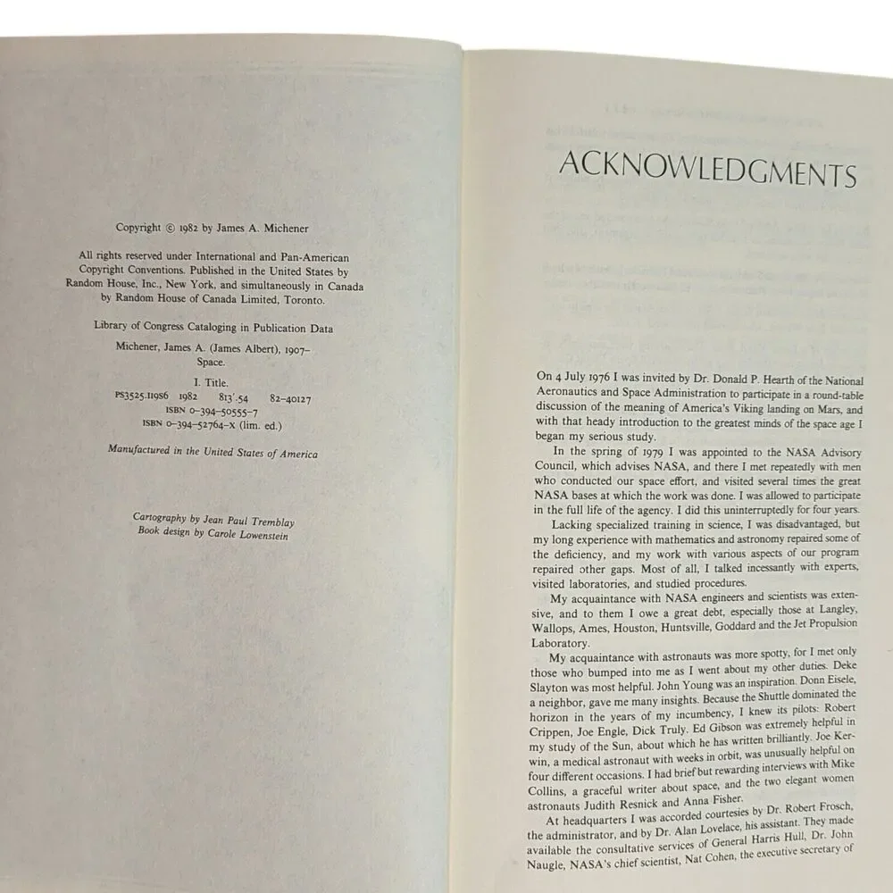 Space A Novel By James A. Michener First Edition 1982 Random House Hardcover